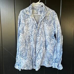 Tasso Elba 100% Linen Paisley Button Down Shirt Blue White L 16-16½